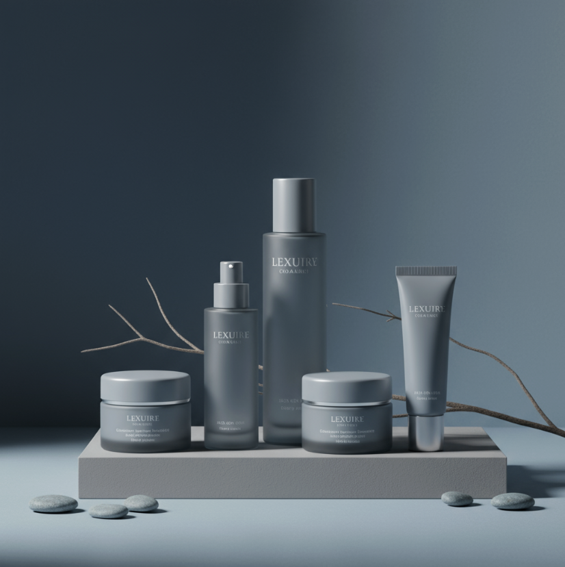 Produits skincare tons gris-bleu